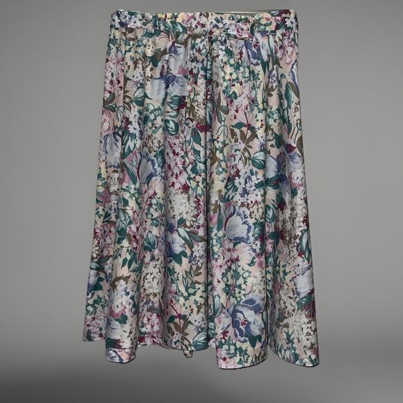 Vtg Floral Skirt Gathered Waist w/Belt Tie Pink Teal Purple Tan Cottagcore -Sz S - Picture 1 of 9